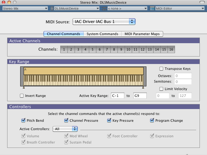 AuLab MIDI configuration window
