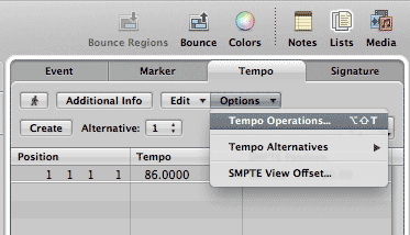 Tempo Tab Operations menu