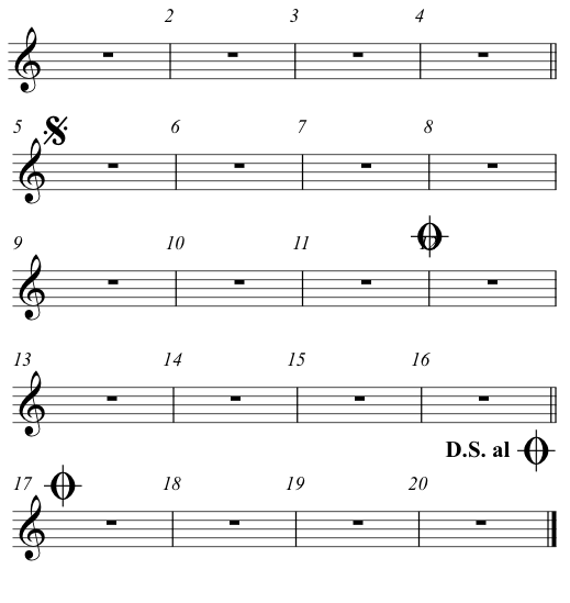 music notation to coda double bar line